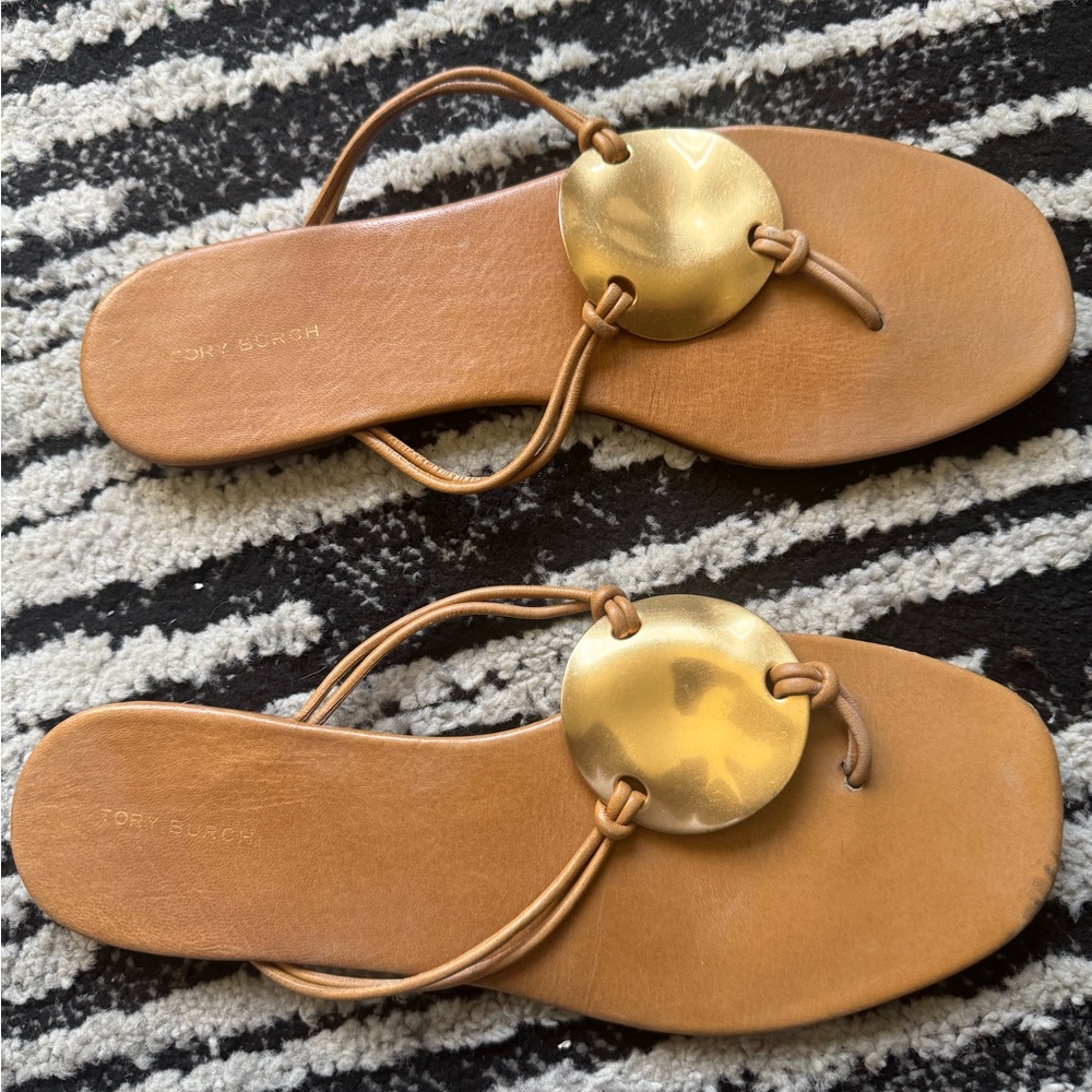 Tory Burch Tan Leather Sandals with Gold Disc
